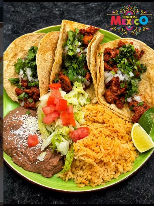 Taco plate with rice and beans